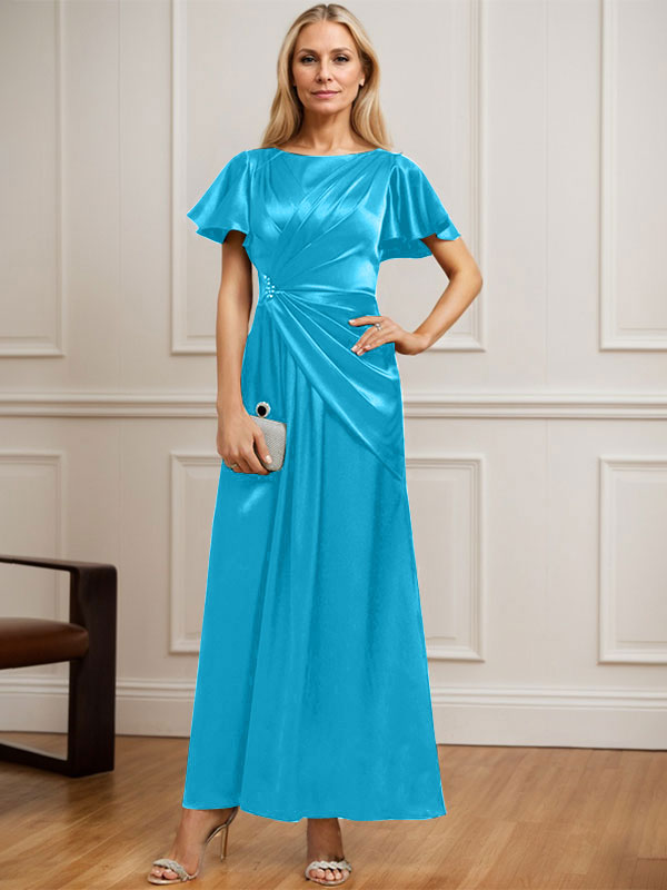 A-line Scoop Ankle-Length Stretch Satin Mother of the Bride Dress With Pleated Beading