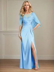 Sheath/Column Satin Scoop Neck Cap Sleeves Floor Length Mother Of The Bride Dresses