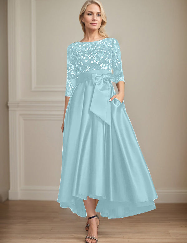 Robe de mère de la mariée asymétrique en satin et dentelle, coupe trapèze, décolleté en V, avec nœud 