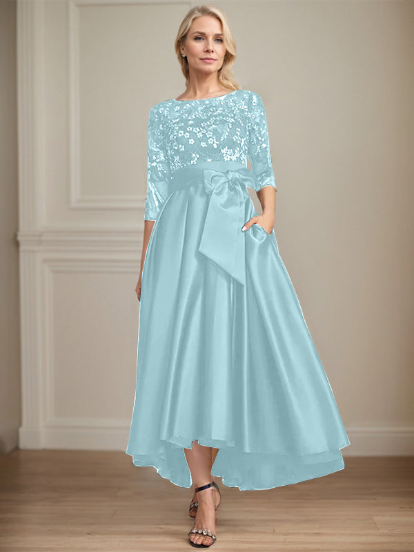 A-line Scoop Illusion Asymmetrical Satin Lace Mother of the Bride Dress With Bow