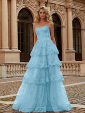 Red Tiered Tulle Strapless Lace Bodice A-Line Long Prom Dress