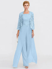 3 Piece Chiffon Square Neck Mother of the Bride Pantsuits with Jacket