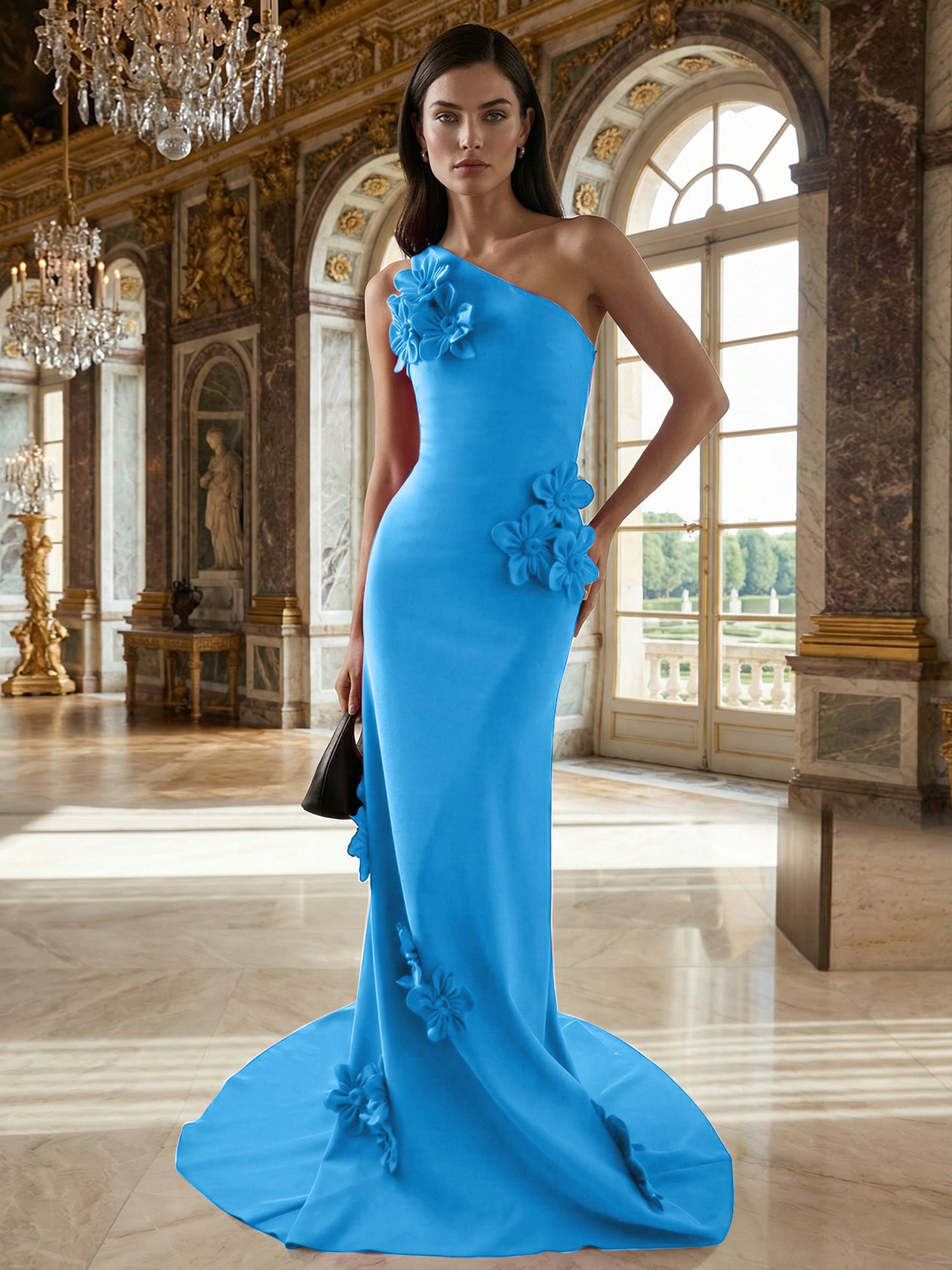 A Line One Shoulder Sleeveless Floor Length Stretch Crepe Dress With 3D Flowers