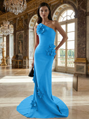 A Line One Shoulder Sleeveless Floor Length Stretch Crepe Dress With 3D Flowers