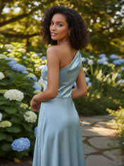 Sky Blue A-Line One Shoulder Satin Long Formal Dress
