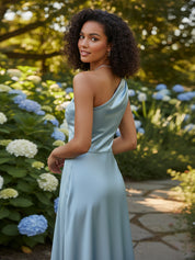 Sky Blue A-Line One Shoulder Satin Long Formal Dress