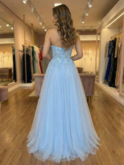 Sky Blue Floral Lace Applique Strapless Tulle Prom Dress