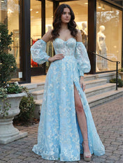 Sky Blue Floral Lace Corset Prom Dress with Puff Sleeves