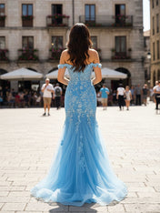 Sky Blue Floral Off-Shoulder Sweetheart Mermaid Prom Dress