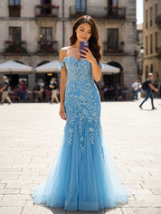 Sky Blue Floral Off-Shoulder Sweetheart Mermaid Prom Dress
