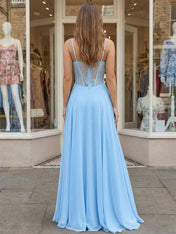 Sky Blue Lace Corset A-Line Long Prom Dress