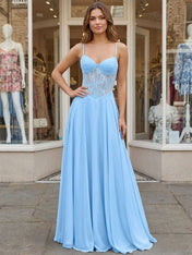 Sky Blue Lace Corset A-Line Long Prom Dress