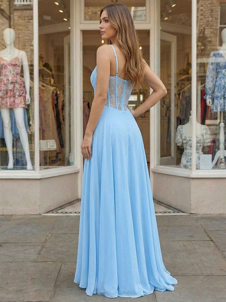 Sky Blue Lace Corset A-Line Long Prom Dress