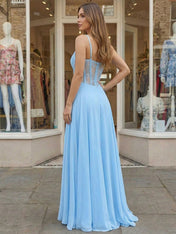 Sky Blue Lace Corset A-Line Long Prom Dress