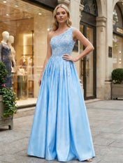 Sky Blue One-Shoulder Beaded Satin A-Line Prom Dress