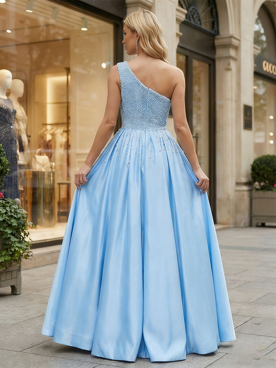 Sky Blue One-Shoulder Beaded Satin A-Line Prom Dress