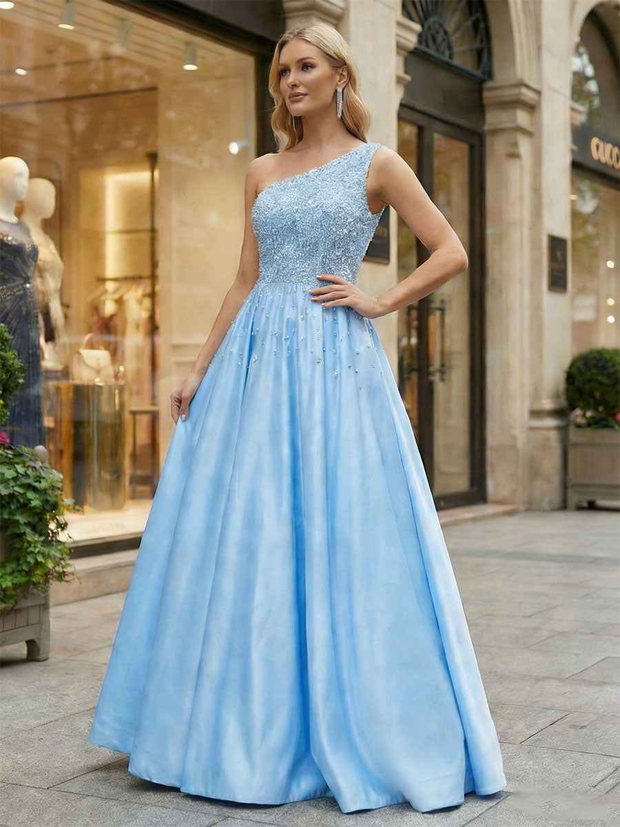 Sky Blue One-Shoulder Beaded Satin A-Line Prom Dress