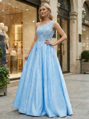 Sky Blue One-Shoulder Beaded Satin A-Line Prom Dress