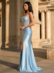 Sky Blue Satin Corset Long Prom Dress with Draped Neckline