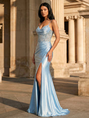 Sky Blue Satin Corset Long Prom Dress with Draped Neckline