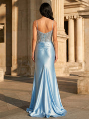 Sky Blue Satin Corset Long Prom Dress with Draped Neckline