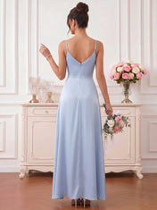 Sky Blue Satin Cowl Neck Spaghetti Strap Bridesmaid Dress with High Slit
