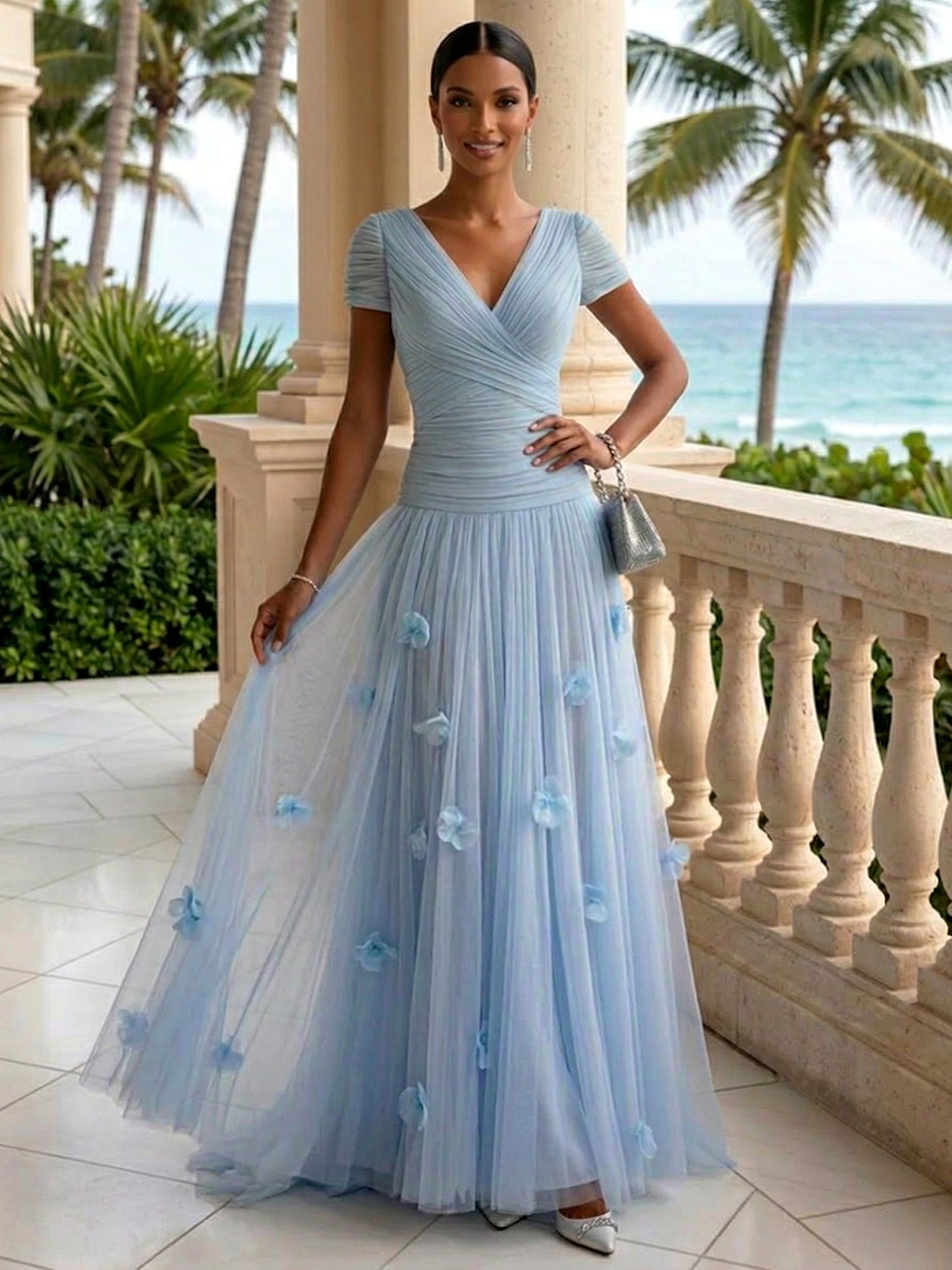 Light Blue Short-Sleeve Tulle Gown Evening Dress with 3D Flower V Neck Pleat Maxi Dress
