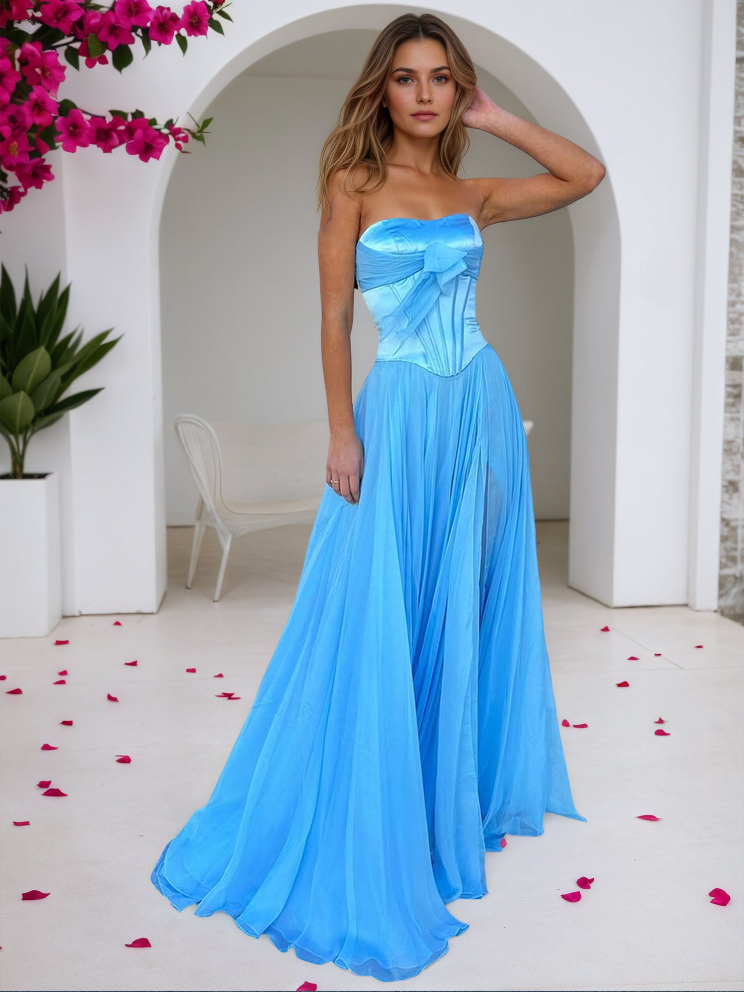 Sky Blue Strapless A-Line Corset Bodice Prom Dress with Bow