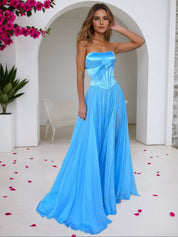 Sky Blue Strapless A-Line Corset Bodice Prom Dress with Bow