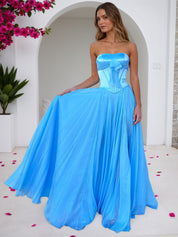 Sky Blue Strapless A-Line Corset Bodice Prom Dress with Bow