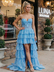 Sky Blue Strapless Lace High-Low Corset Prom Dress