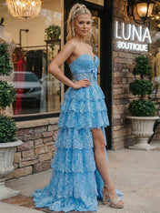 Sky Blue Strapless Lace High-Low Corset Prom Dress