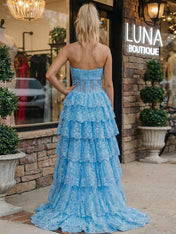 Sky Blue Strapless Lace High-Low Corset Prom Dress