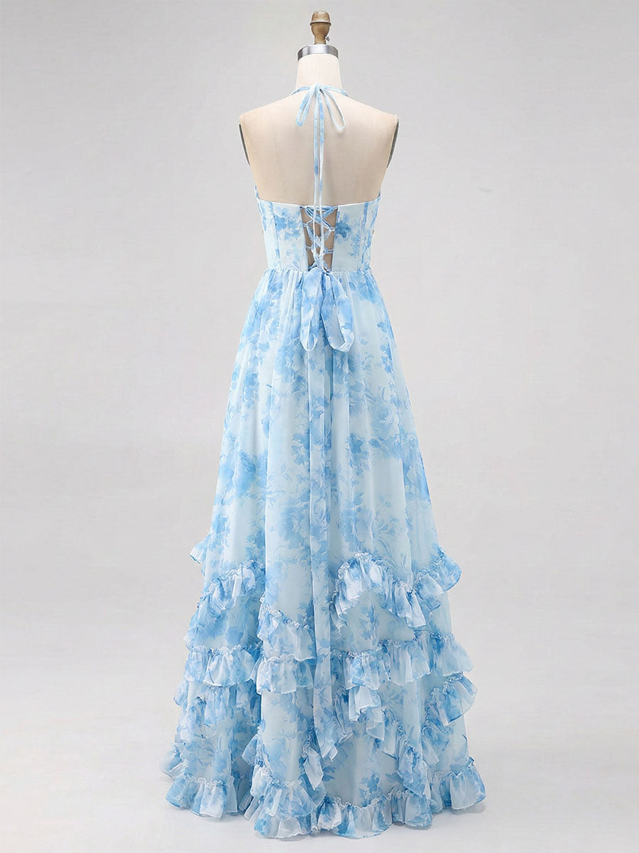 Sky Blue Watercolor Floral Halter Ruffled Hem Prom Dress with Crystal Trim