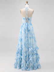 Sky Blue Watercolor Floral Halter Ruffled Hem Prom Dress with Crystal Trim