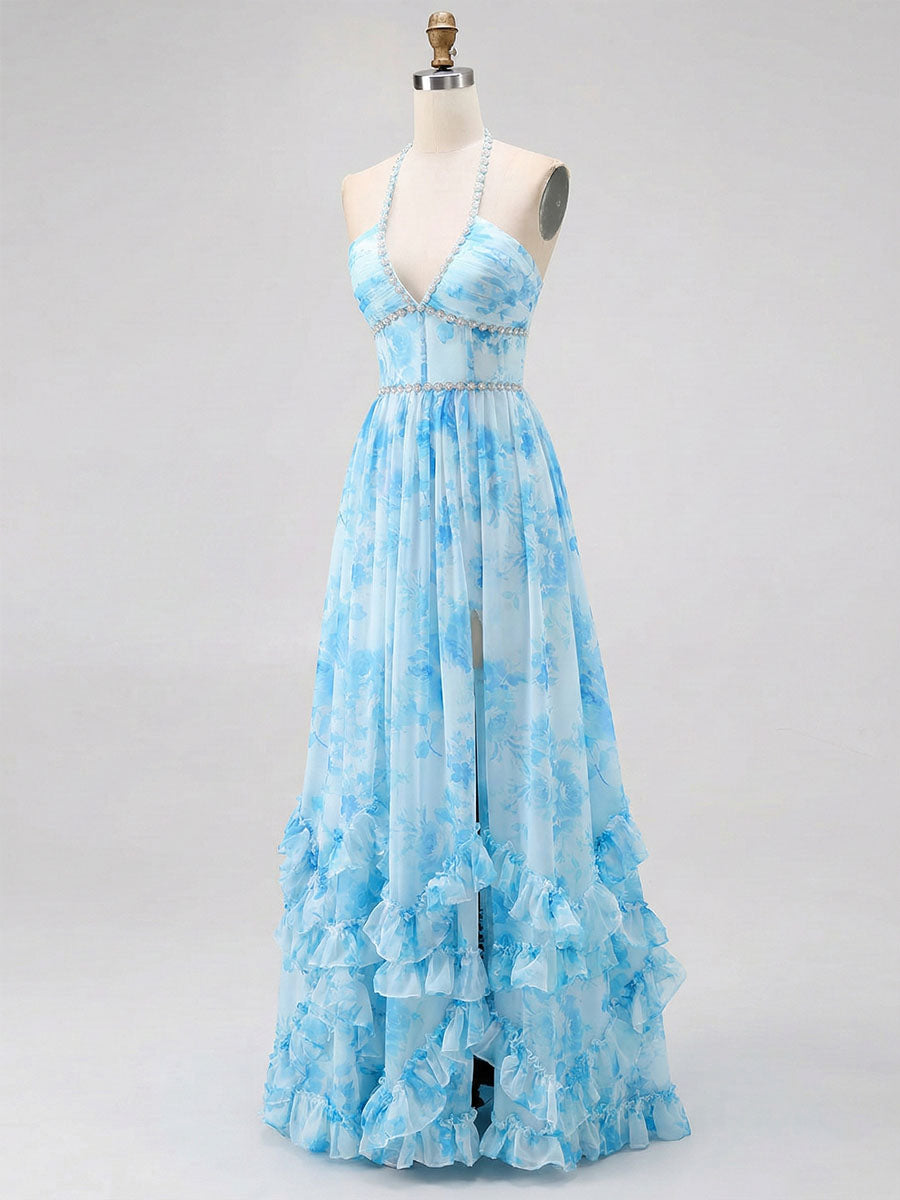 Sky Blue Watercolor Floral Halter Ruffled Hem Prom Dress with Crystal Trim