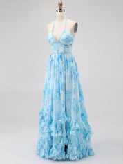 Sky Blue Watercolor Floral Halter Ruffled Hem Prom Dress with Crystal Trim