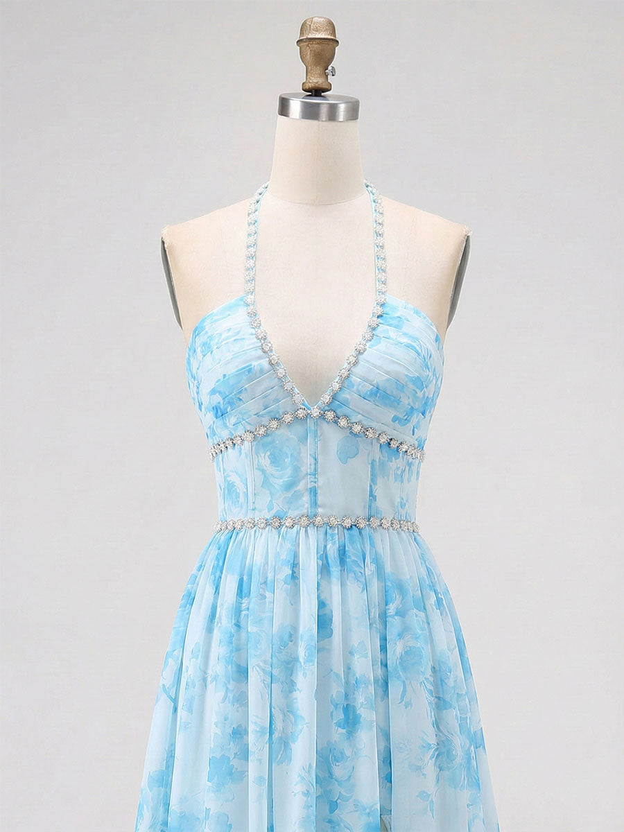 Sky Blue Watercolor Floral Halter Ruffled Hem Prom Dress with Crystal Trim