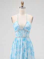 Sky Blue Watercolor Floral Halter Ruffled Hem Prom Dress with Crystal Trim
