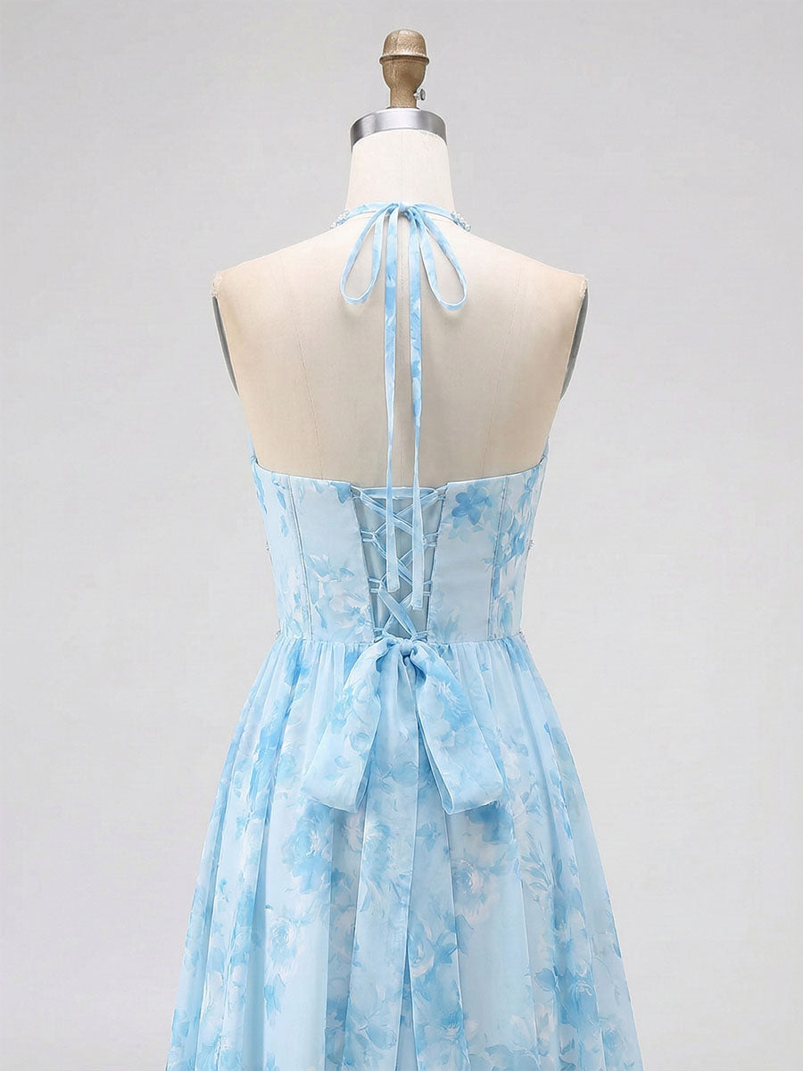 Sky Blue Watercolor Floral Halter Ruffled Hem Prom Dress with Crystal Trim