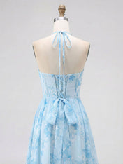 Sky Blue Watercolor Floral Halter Ruffled Hem Prom Dress with Crystal Trim