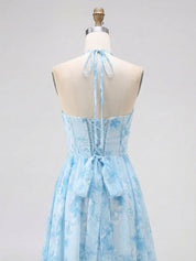 Sky Blue Watercolor Floral Halter Ruffled Hem Prom Dress with Crystal Trim