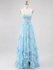 Sky Blue Watercolor Floral Halter Ruffled Hem Prom Dress with Crystal Trim