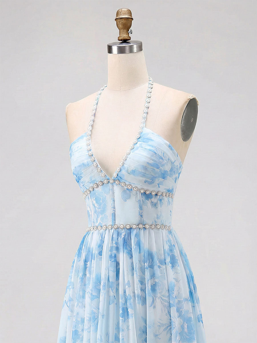 Sky Blue Watercolor Floral Halter Ruffled Hem Prom Dress with Crystal Trim