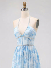 Sky Blue Watercolor Floral Halter Ruffled Hem Prom Dress with Crystal Trim