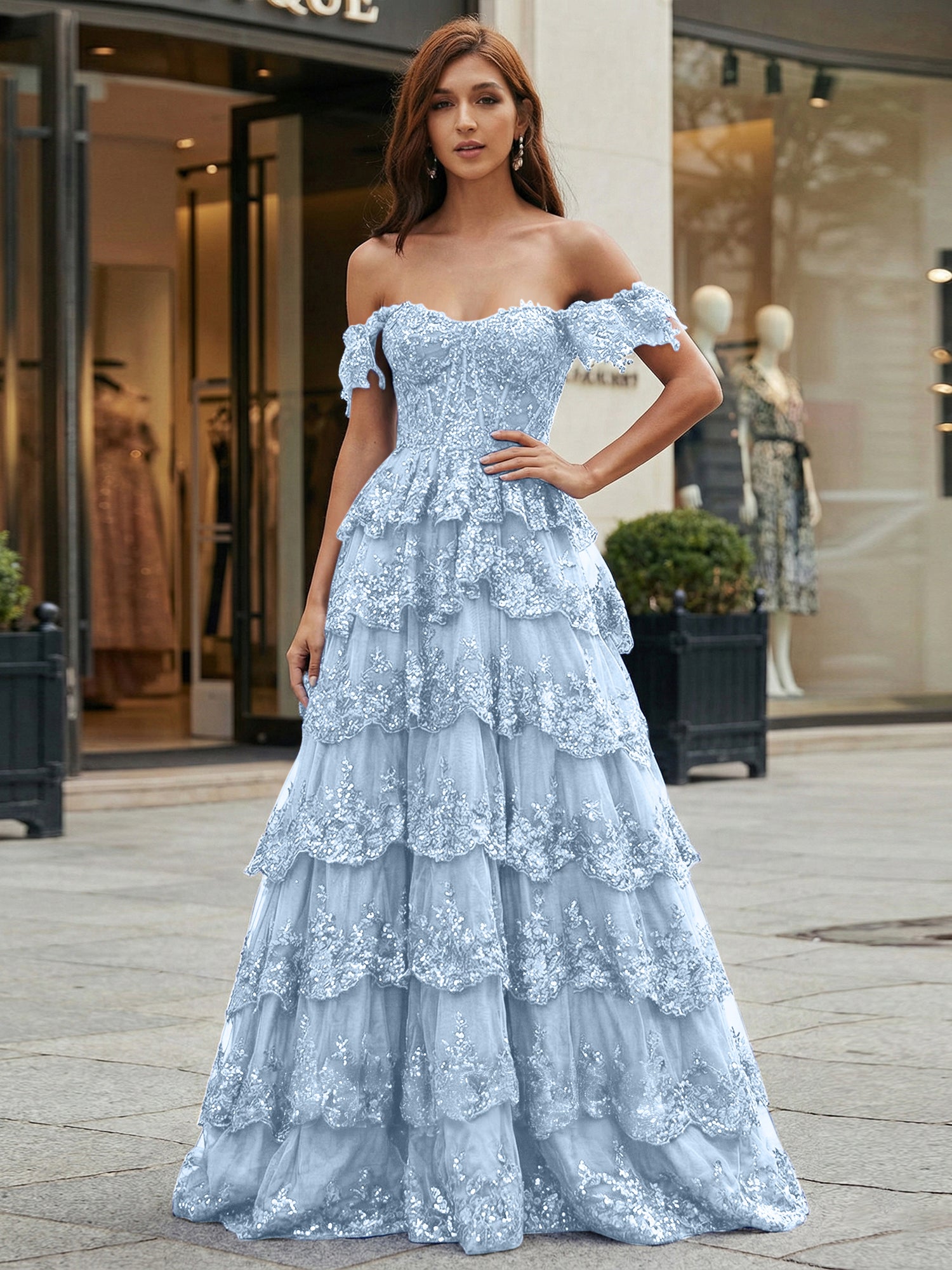 Royal Blue Off-the-Shoulder Sequin Lace Tiered Corset Prom Dress