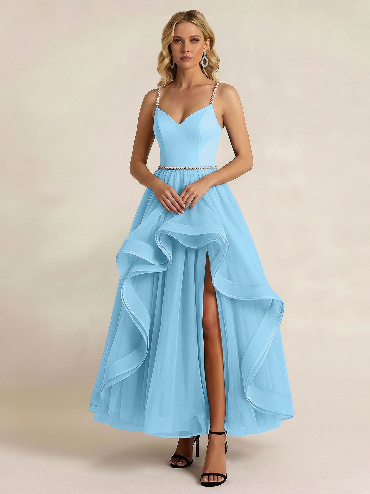 Black Tulle Ruffled A Line Long Formal Dress with Slit