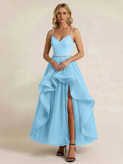 Black Tulle Ruffled A Line Long Formal Dress with Slit