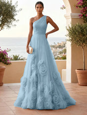 One-Shoulder Sweetheart Tulle Ball Gown with 3D Floral Accents Evening Dresses