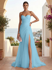 Strapless Sweetheart High Slit Tulle Pleat Prom Dress Evening Dresses